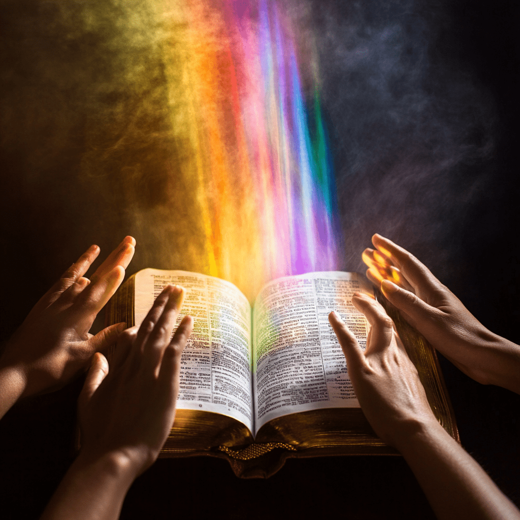 A book with colorful light emerging from its pages, surrounded by several hands.