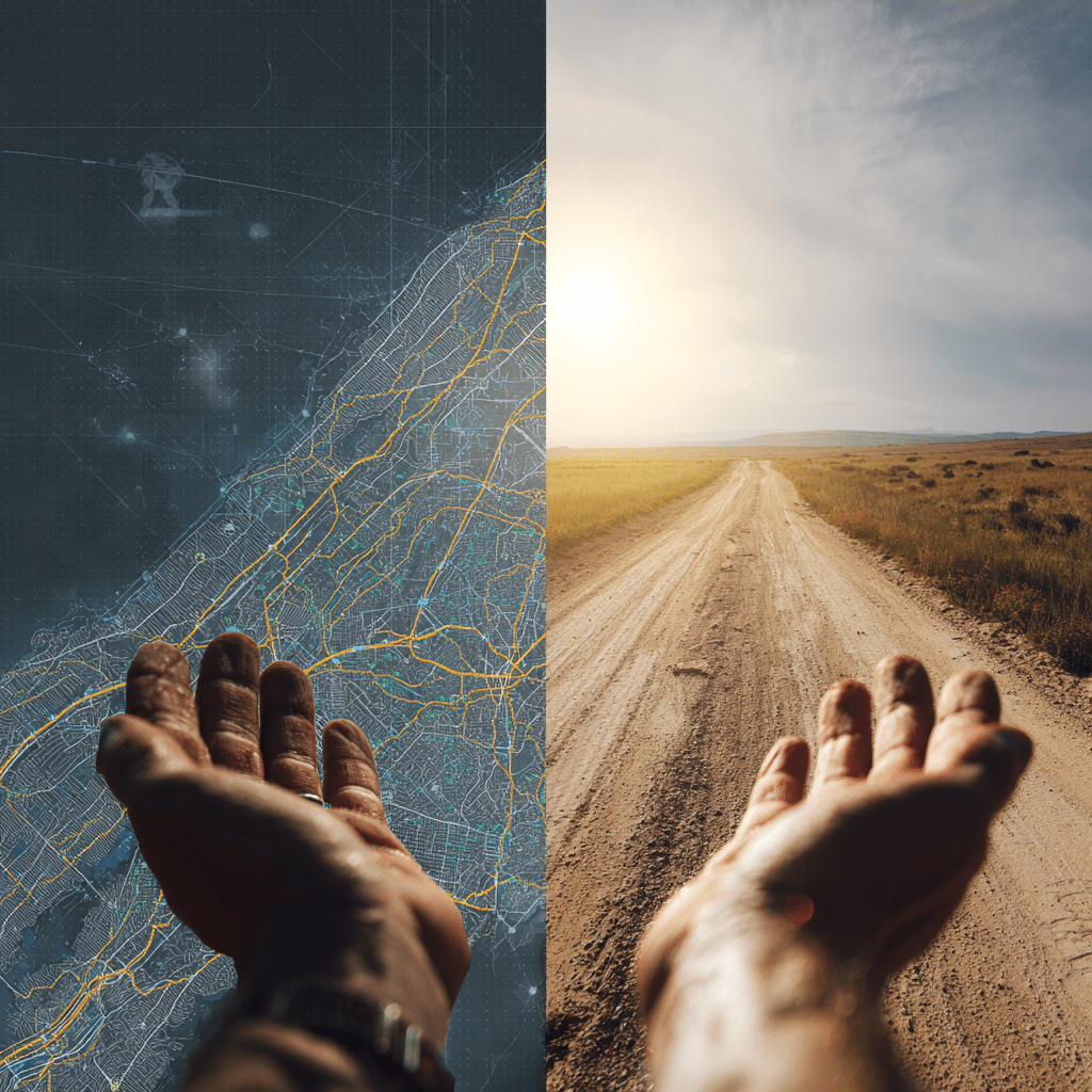A split image of a map and a dirt road, with a hand reaching towards each side.