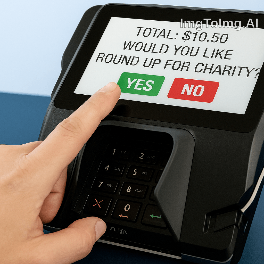 Close-up of a payment terminal asking to round up for charity with options "YES" and "NO."