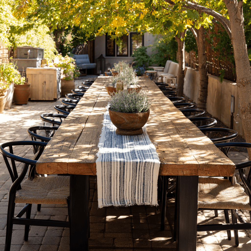 Outdoor dining area with a long wooden table, black chairs, and leafy plants under shaded trees.