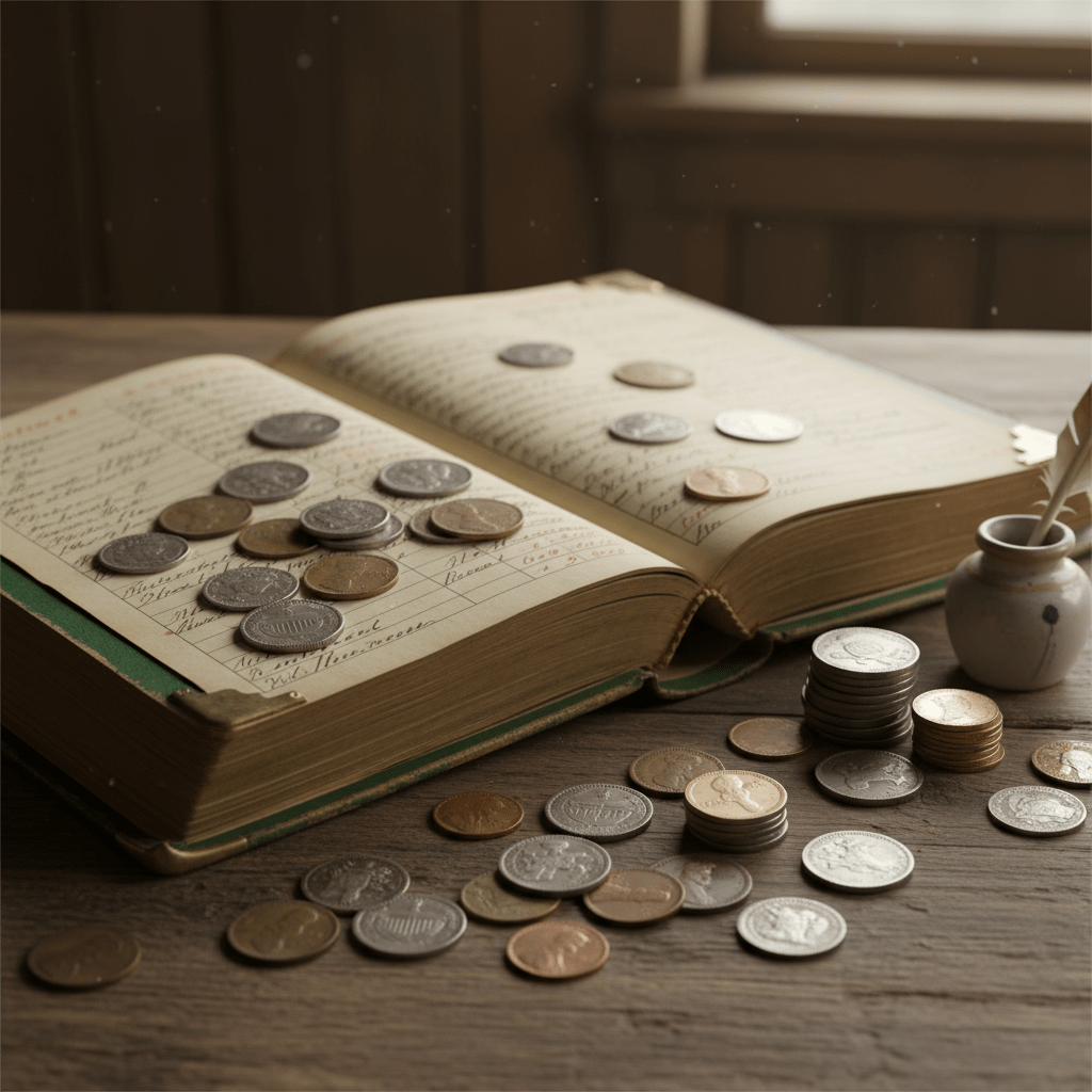 An open ledger book on a table with scattered coins and a quill in an inkwell.