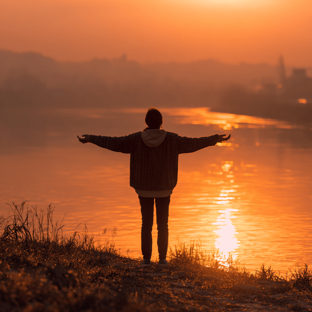 Person with arms outstretched at sunset by a body of water.