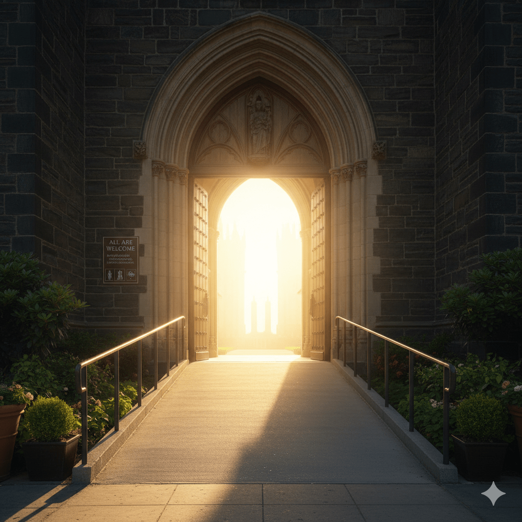 Wide shot of a stone church entrance with a brightly lit open door. A concrete accessibility ramp with railings leads directly to the threshold, bathed in sunlight.