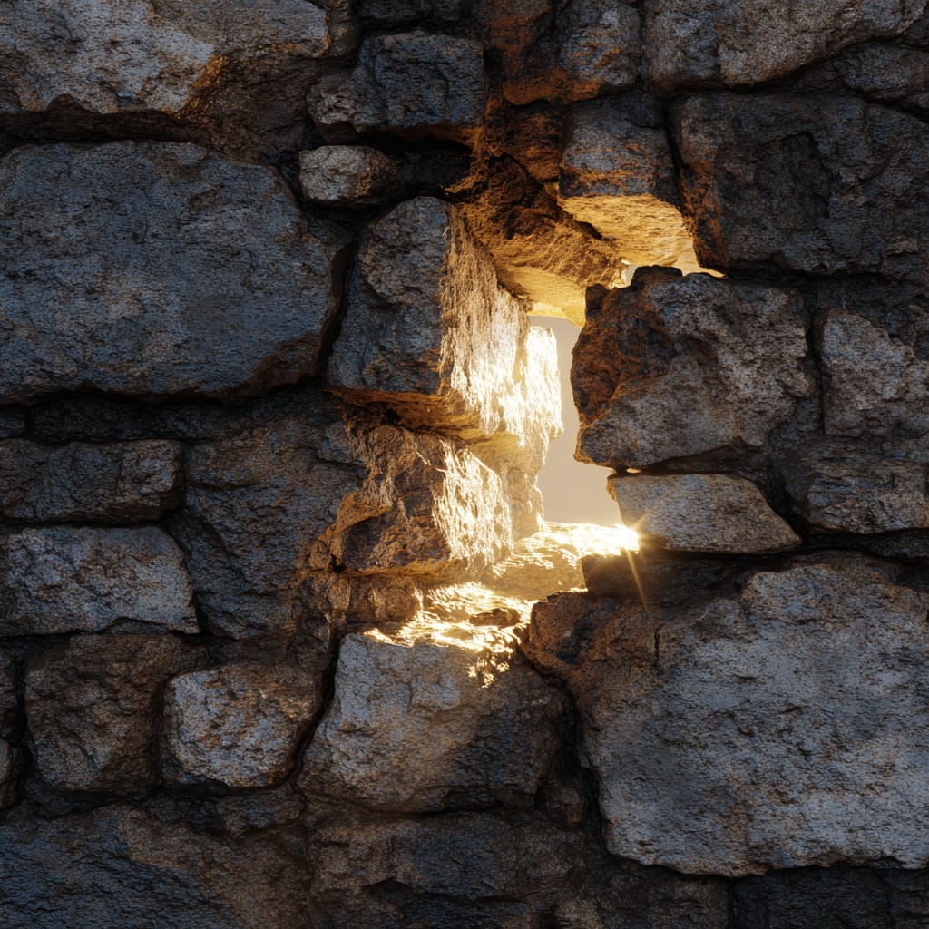Stone wall with a gap allowing sunlight to shine through.