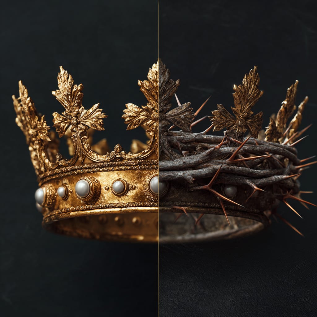 A composite image of a richly decorated golden crown transitioning into a thorn-covered half.