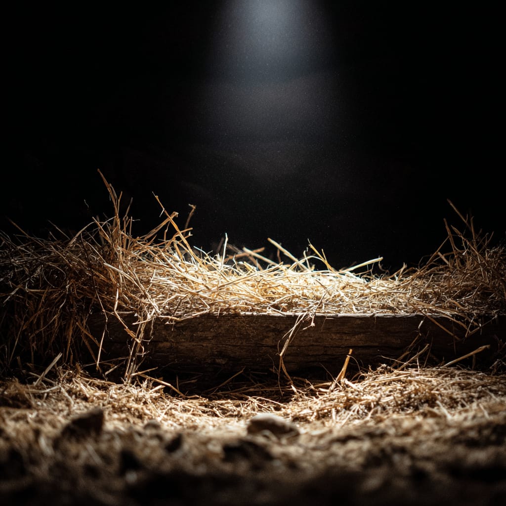 A spotlight illuminating a bed of straw on a wooden surface in an otherwise dark setting.