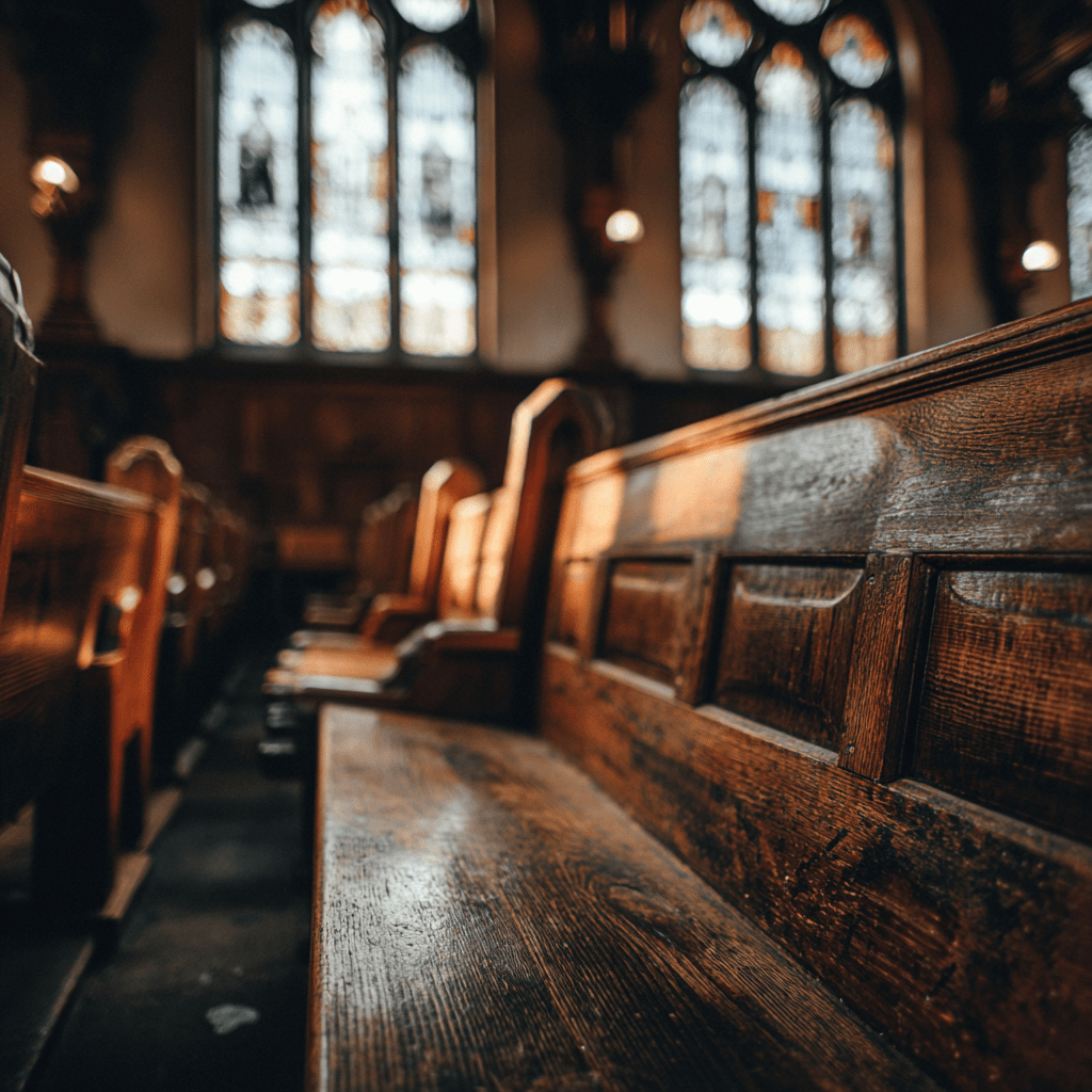 A row of wooden church pews illuminated by sunlight through stained glass windows.