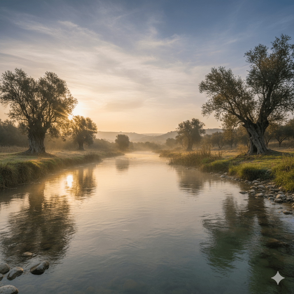 A tranquil river at sunrise with mist, trees, and a glowing sky.
