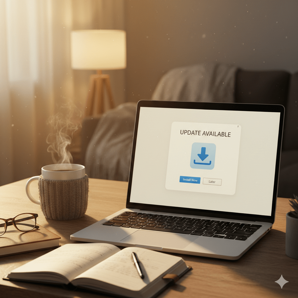 Smartphone displaying software update notification on wooden desk with journal and coffee mug. Warm natural lighting.
