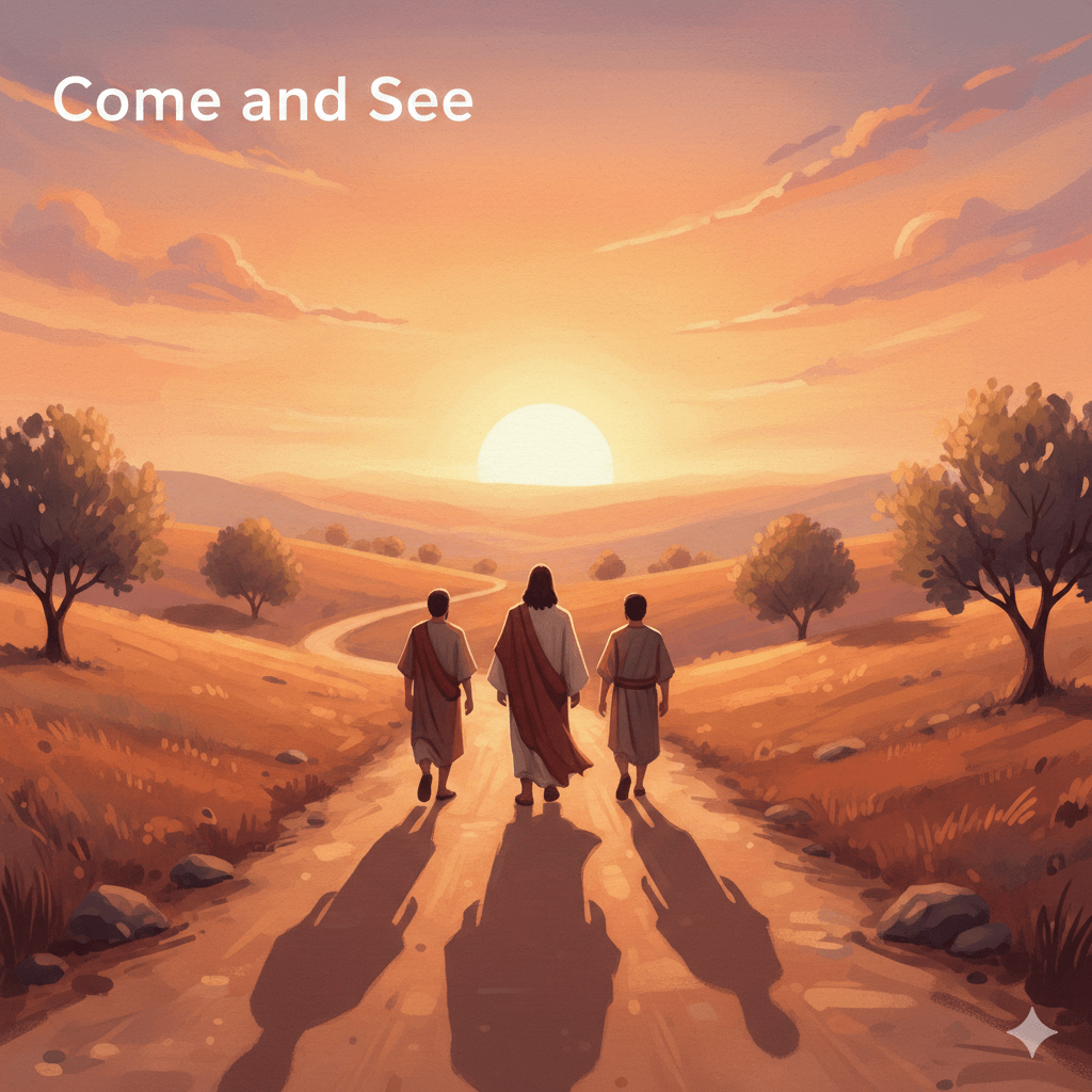 Three robed figures walk along a winding path in a sunlit hilly landscape at sunset. Transcribed Text: Come and See