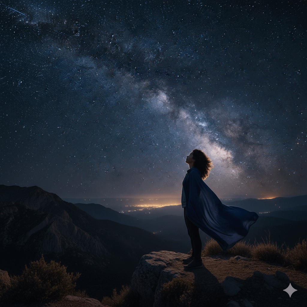 Person gazing at star-filled night sky, reflecting the wise men following the star to Jesus