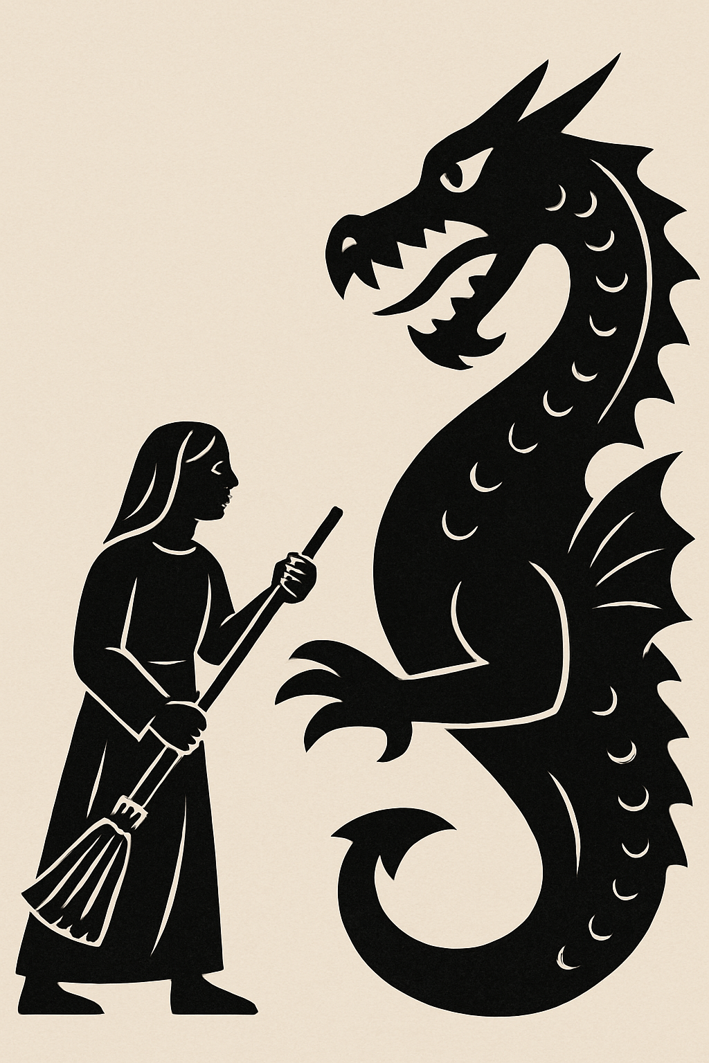 A black and white illustration of a girl holding a broom facing a dragon on a beige background.