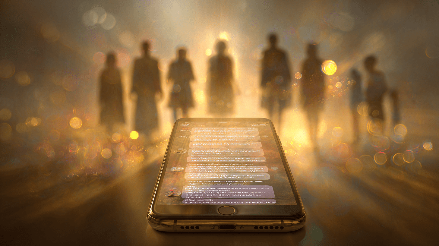 A smartphone displaying messages with silhouettes and glowing light in the background, evoking a sense of spiritual inheritance.