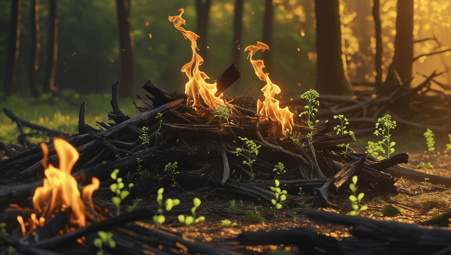 A forest scene with flames rising from a pile of charred logs surrounded by new green sprouts, with sunlight filtering through the trees.