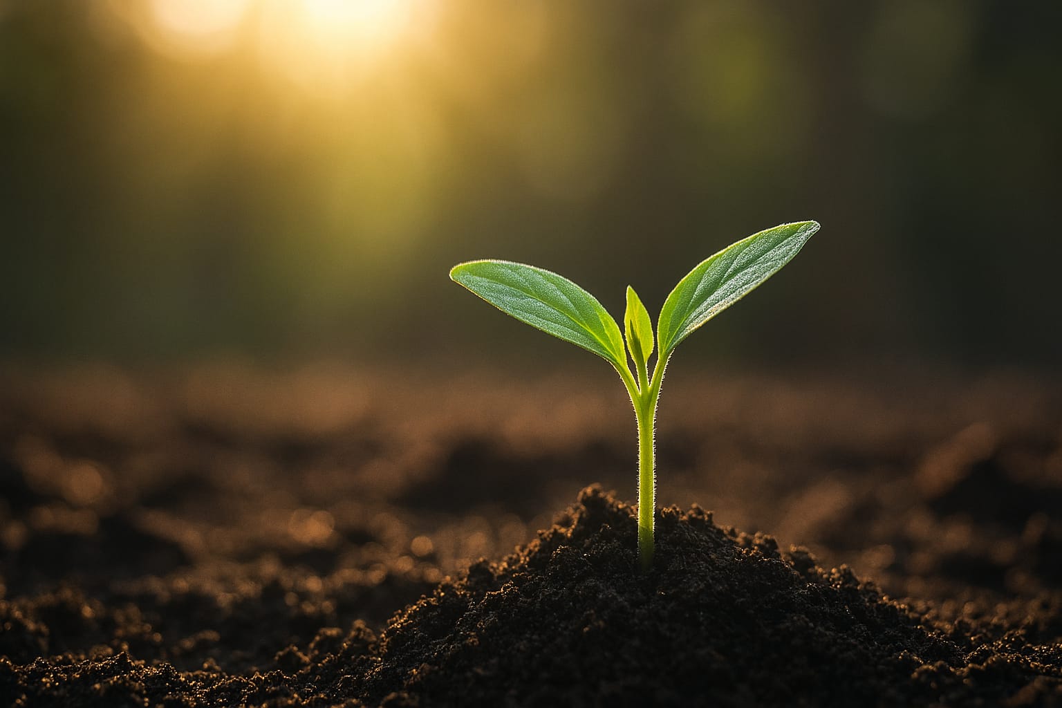 Green sprout growing in dark soil with sunlight — symbol of Advent hope and God’s promises.