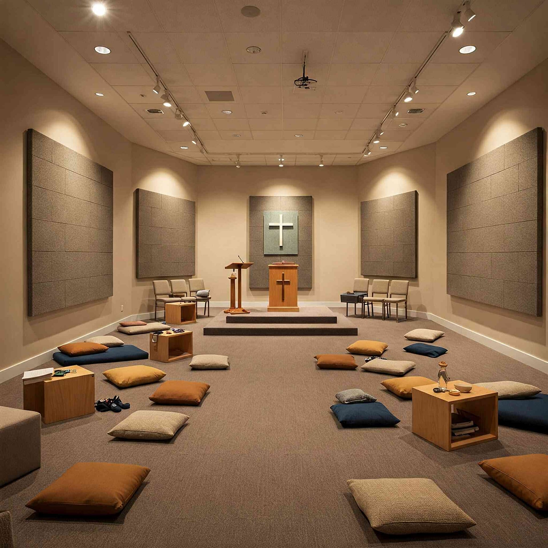 A peaceful multi-purpose worship room featuring a wooden podium, a cross on the wall, and scattered cushions for seating.