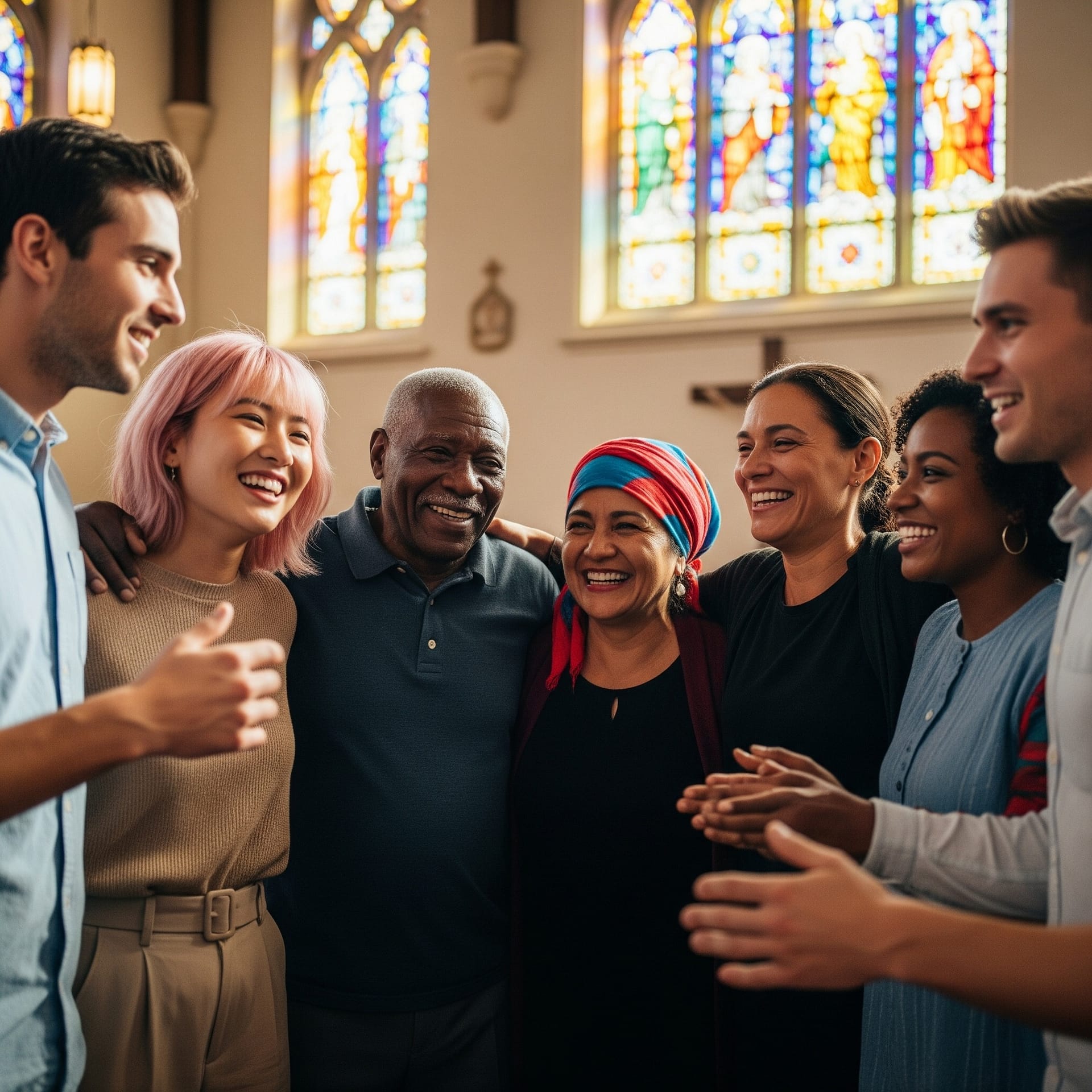 A diverse group of six smiling people stand arm-in-arm with vibrant stained glass windows behind them.