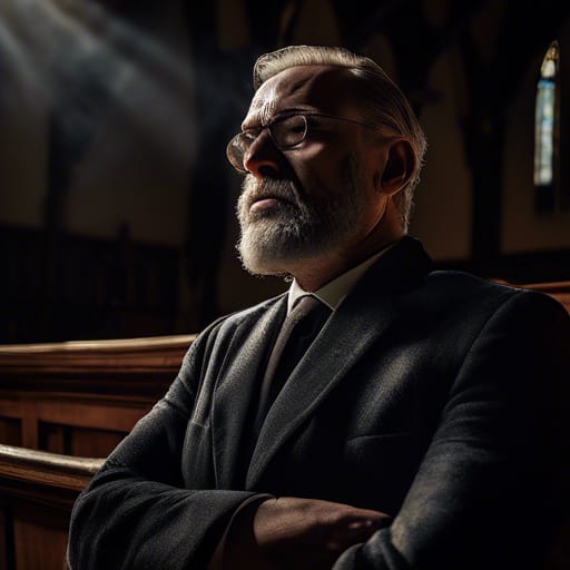 A pastor sitting in a church pew with his arms across his chest questioning things.